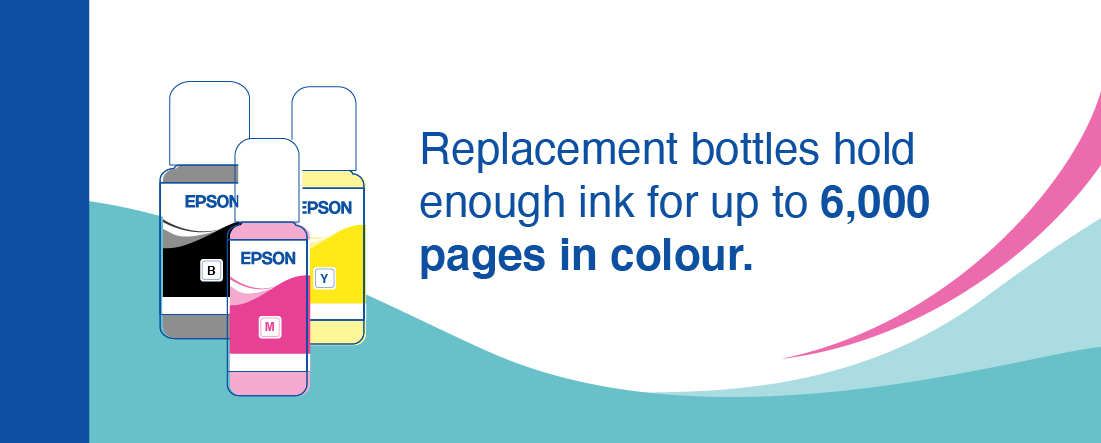 Replacement bottles hold enough ink for up to 6,000 pages in colour.